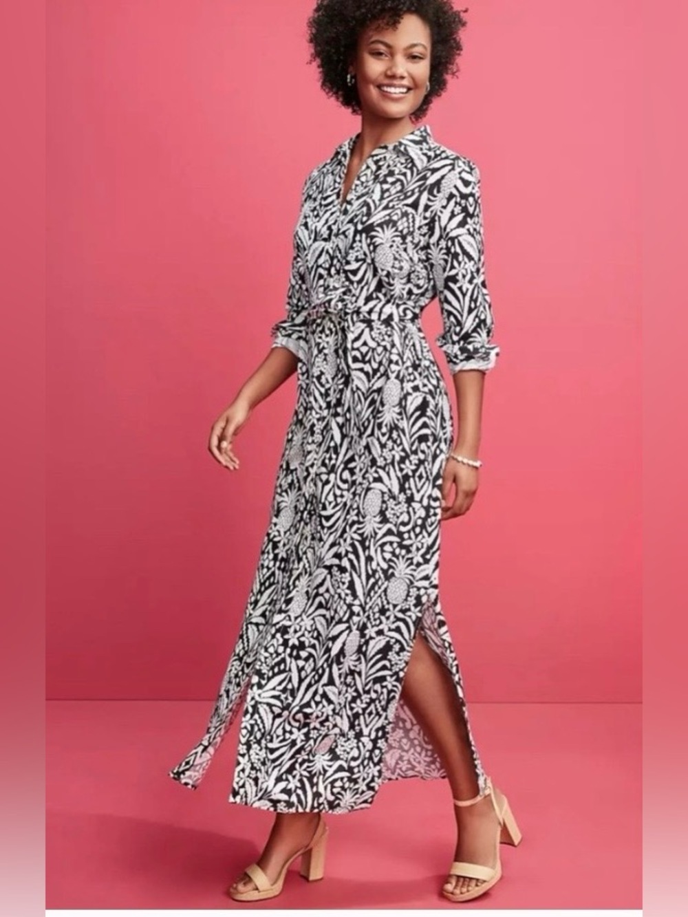 LOFT Black and White Linen Blend Pineapple & Floral Maxi Shirt Dress w Tie Waist